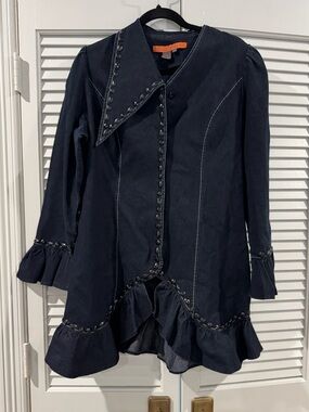 Dark Navy Ruffle-Trim Trench Coat